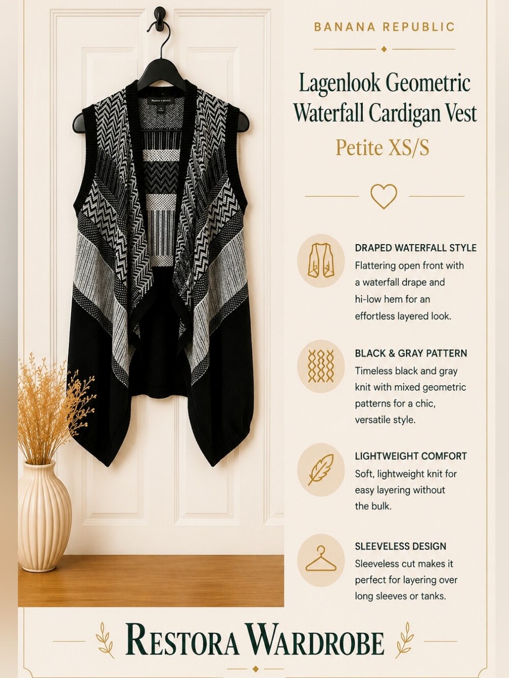 Banana Republic Lagenlook Waterfall Cardigan Vest Geometric Petite XS/S